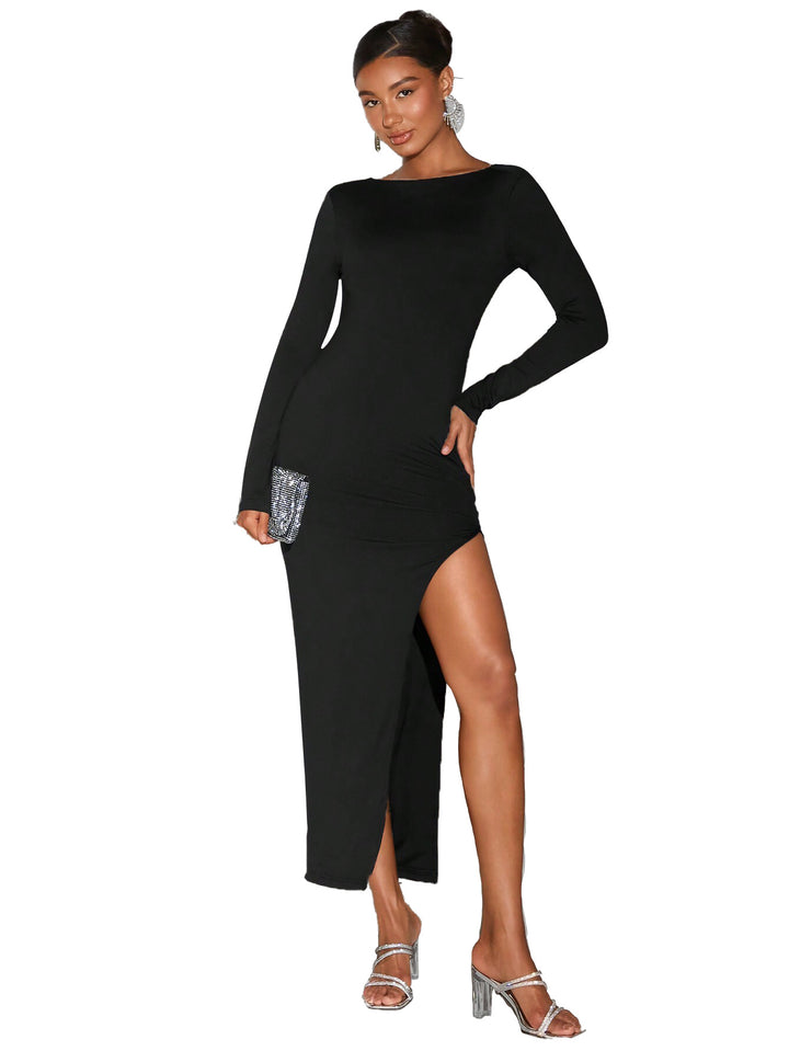 Robe Longue Femme avec Inscription Éblouissante sur le Côté et Fente Haute Chic & Stil