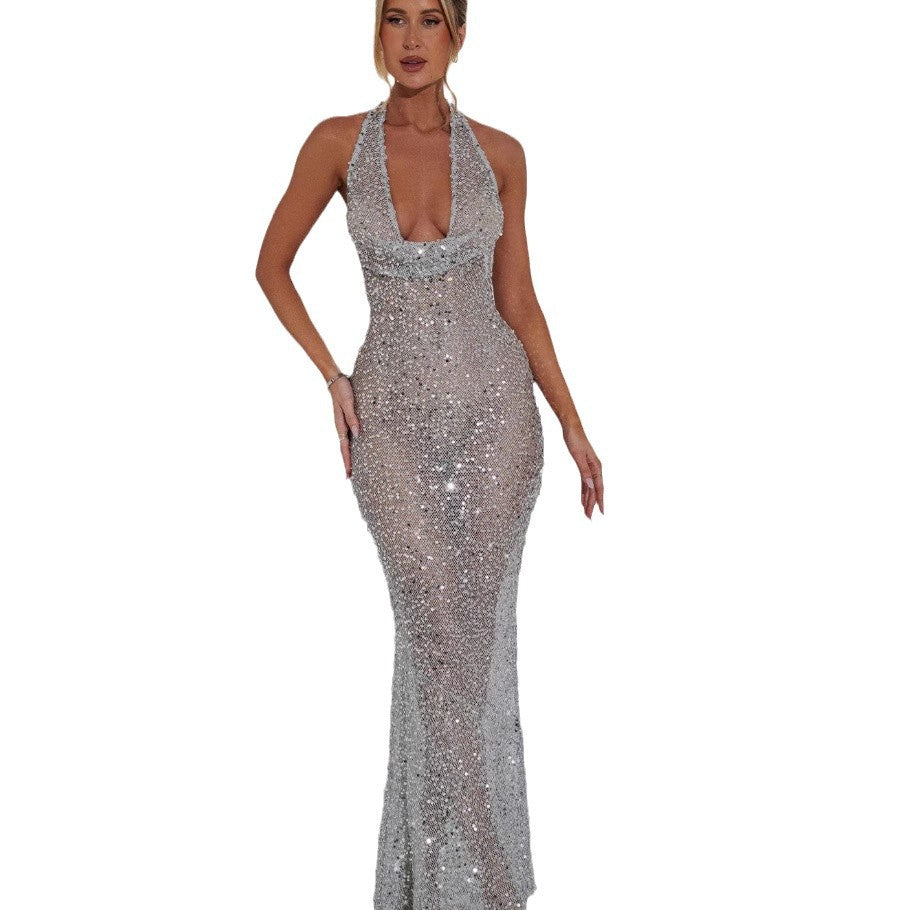 Women's functional dress with glamorous sequin embellishment and deep V-neck