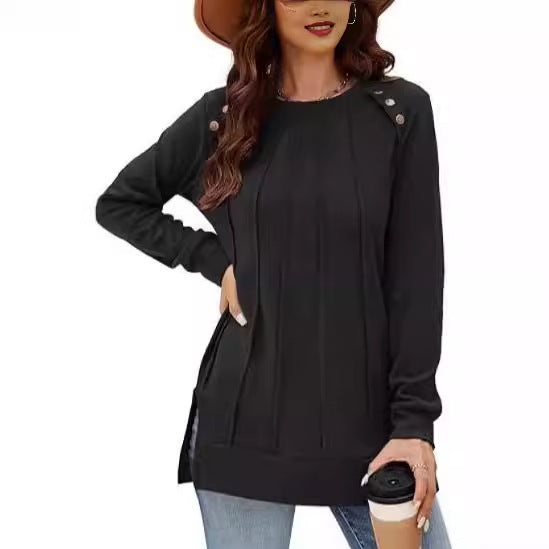 Ladies long sleeve T-shirt with decorative buttons and side slits Lune London