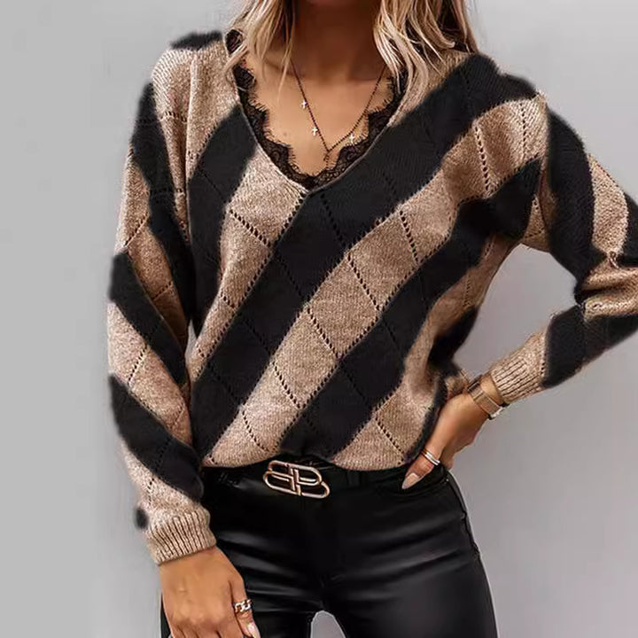 Knitted sweater for women with V-neck and modern diamond pattern Lune London