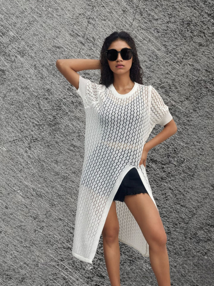 Ladies long knitted kimono with open design and breathable mesh structure Chic and Style