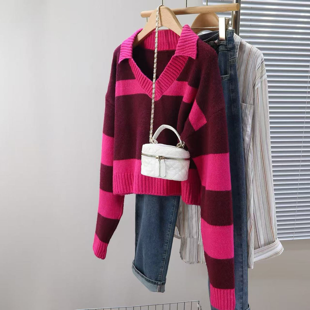 Knit sweater for women with deep V-neck and striped design Lune London