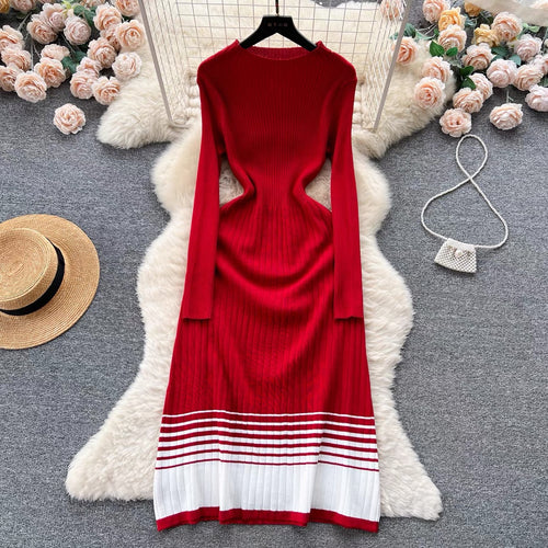 Knit dress for women with high collar and refined striped pattern Lune London