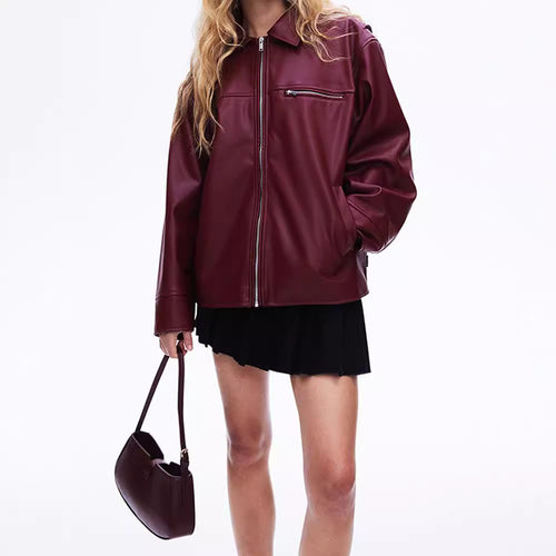 Fashionable synthetic leather jacket for women with elastic hem and modern cut Lune London