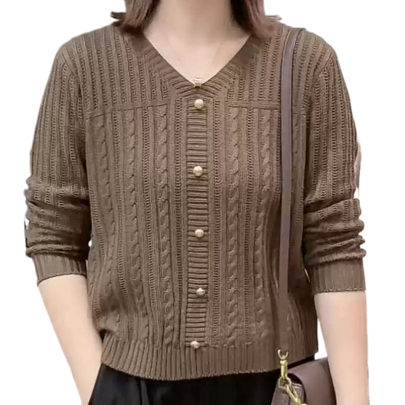 Women's knitted jacket with a delicate braid pattern and elegant pearl buttons Lune London