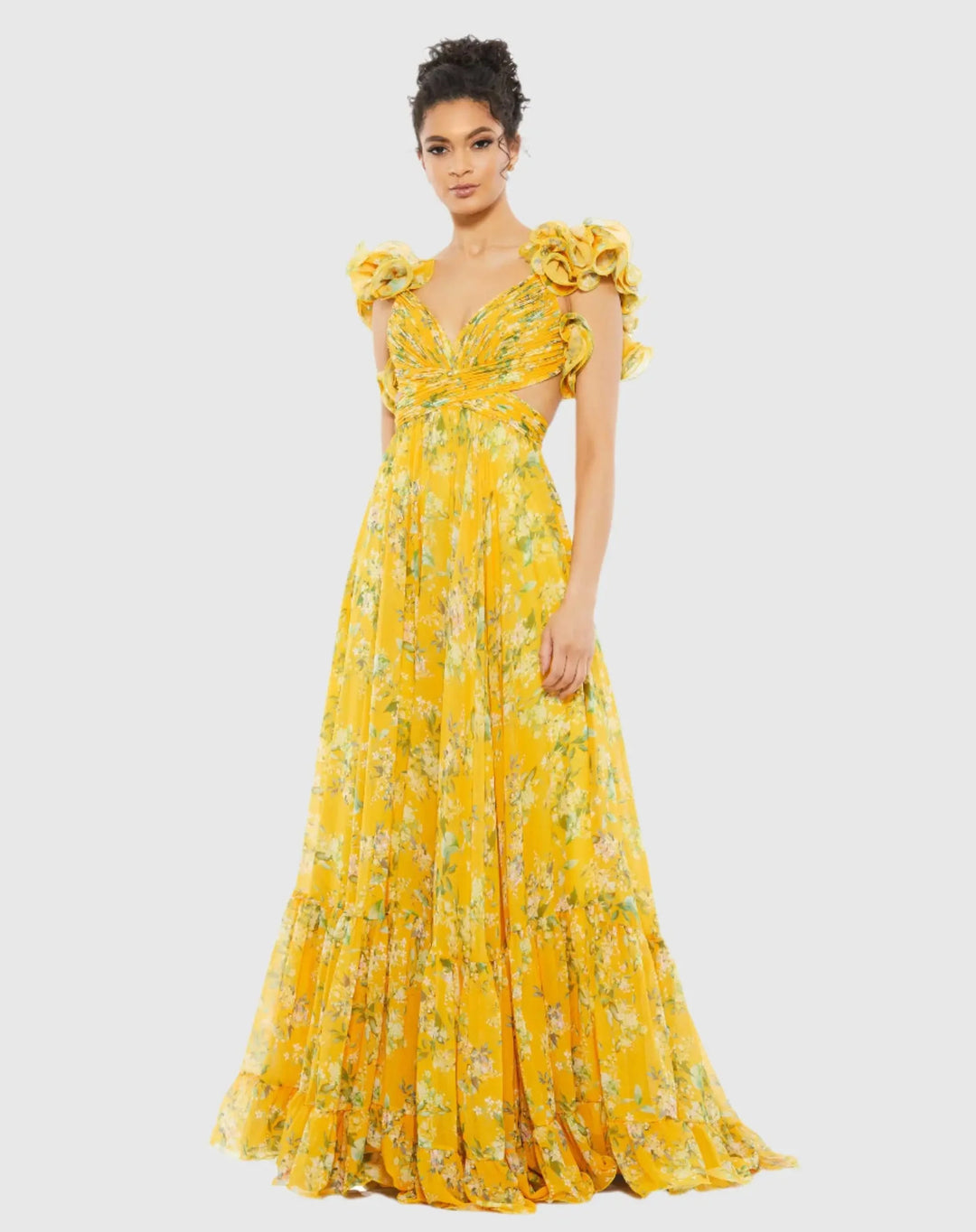 Women's maxi dress with floral ruffles and swinging design