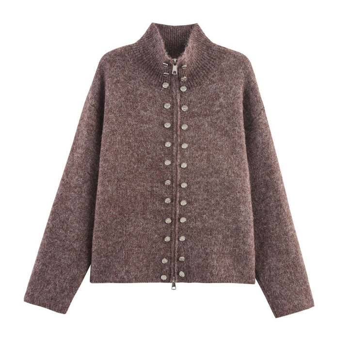 Trendy knitted sweater for women with elegant zip and decorative buttons Lune London