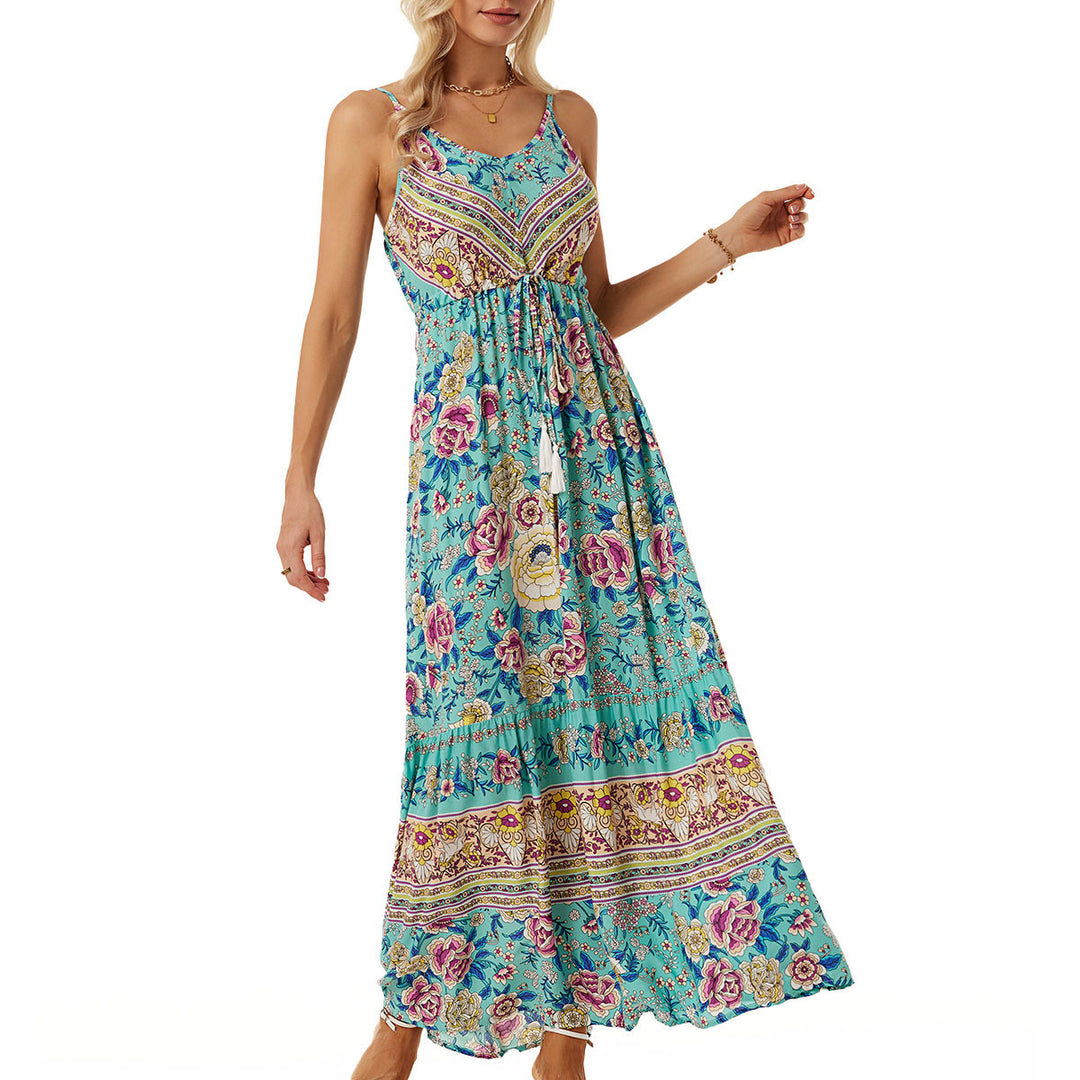 Airy maxi dress for women with a playful floral design and a drawstring at the waist Lune London
