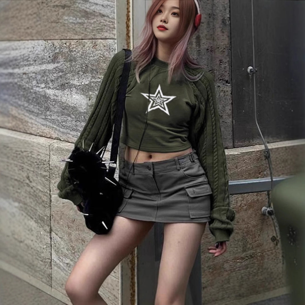 Cropped sweater for women with graphic star pattern and textured sleeve design Lune London