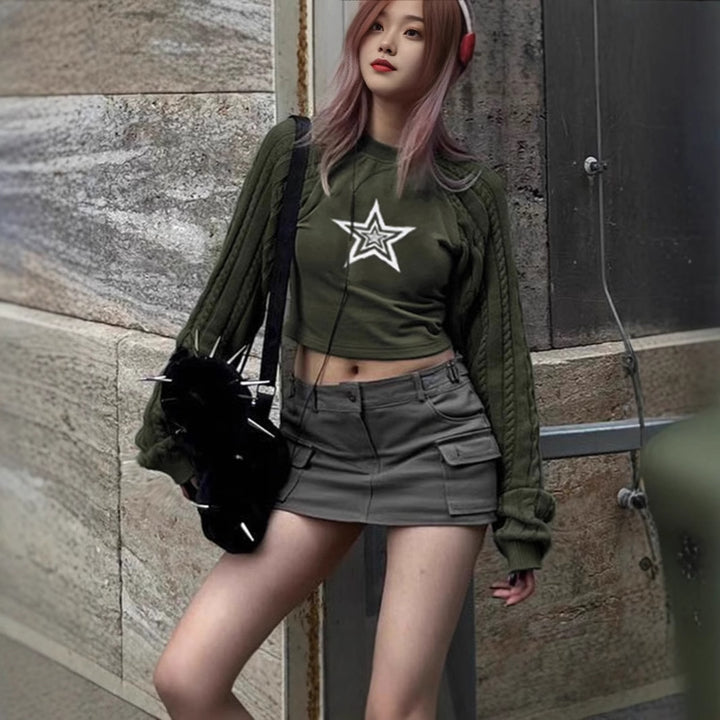 Cropped sweater for women with graphic star pattern and textured sleeve design Lune London