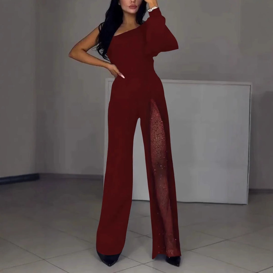 Asymmetrical one-shoulder jumpsuit for women with sequin panel Lune London