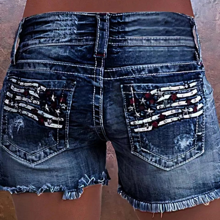 Women's cargo shorts with stylish tear details and patriotic applications Lune London