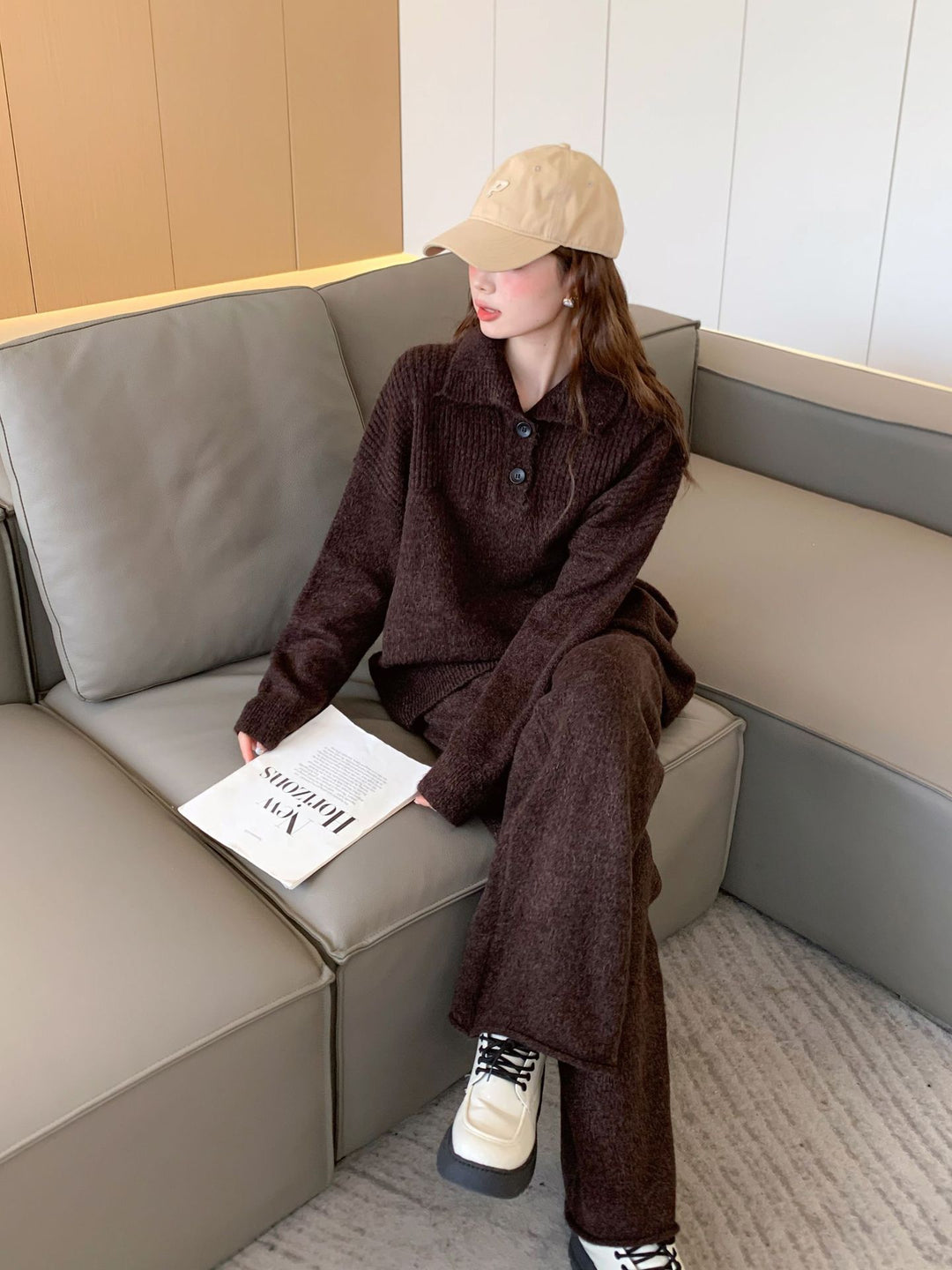 Comfortable knitted sweater for women with a high collar and button details Lune London