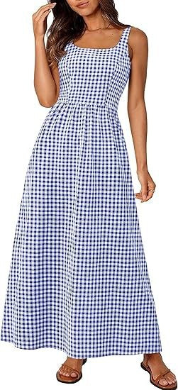 Robe maxi femme à motif à carreaux classique avec bretelles réglables et taille élastique Chic & Stil