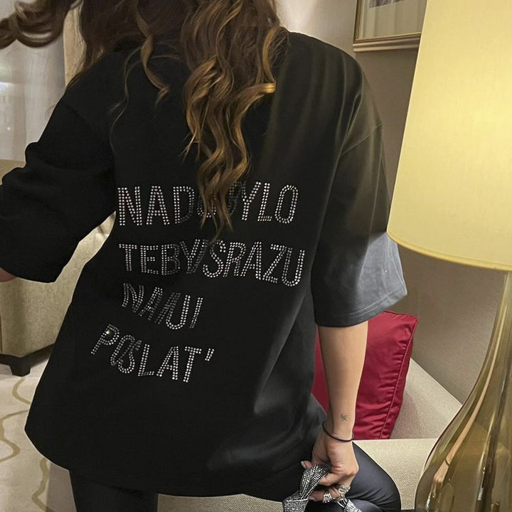 Oversized women's t-shirt with creative rhinestone design Lune London