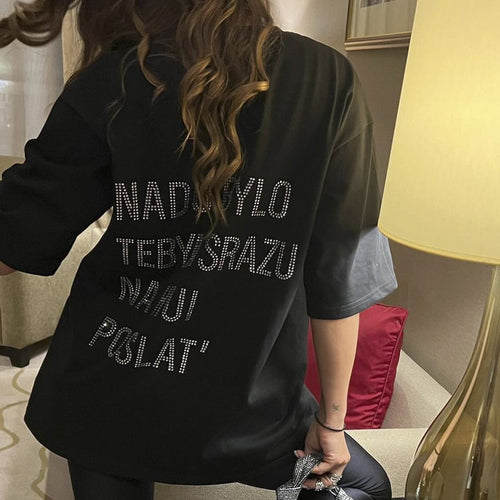 Oversized women's t-shirt with creative rhinestone design Lune London