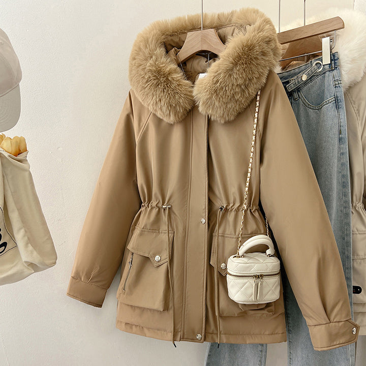 Multifunctional winter jacket for women with removable faux fur collar and adjustable waist drawstring Lune London