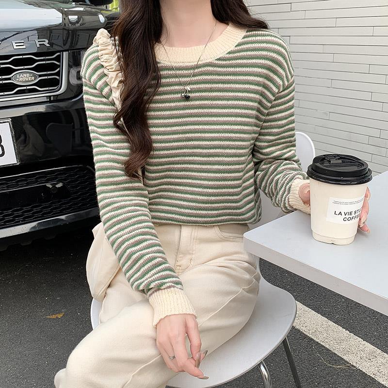 Ladies casual striped sweater with stylish ruffle trim Chic & Stil
