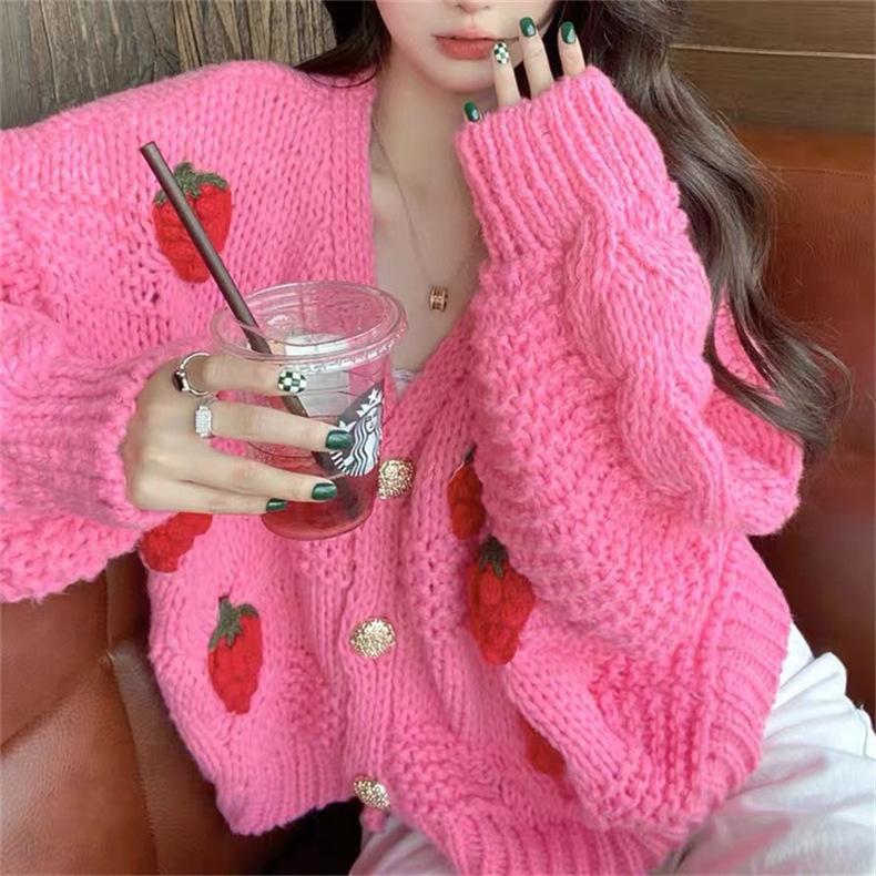 Ladies Chunky Knit Cardigan with Floral Embroidery and Sparkling Buttons Lune London