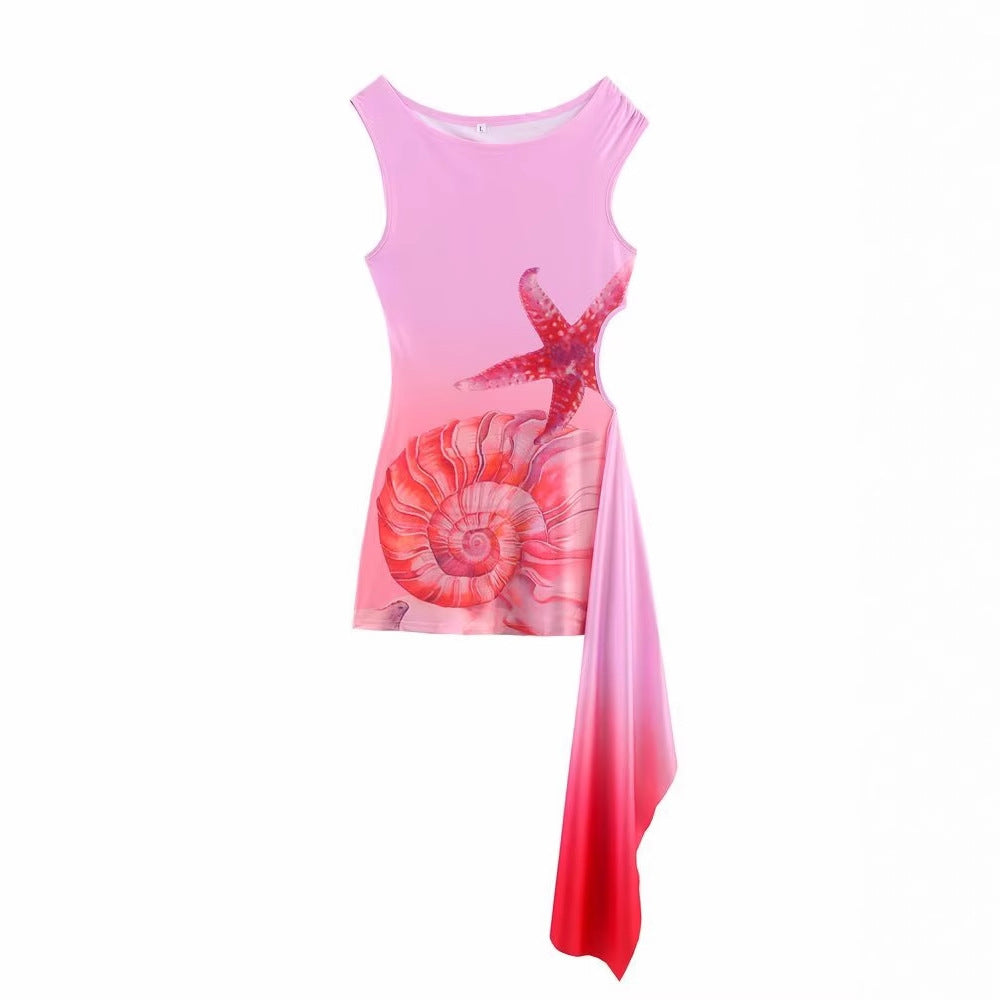 Sleeveless beach dress for women with maritime patterns and an asymmetrical hem Lune London