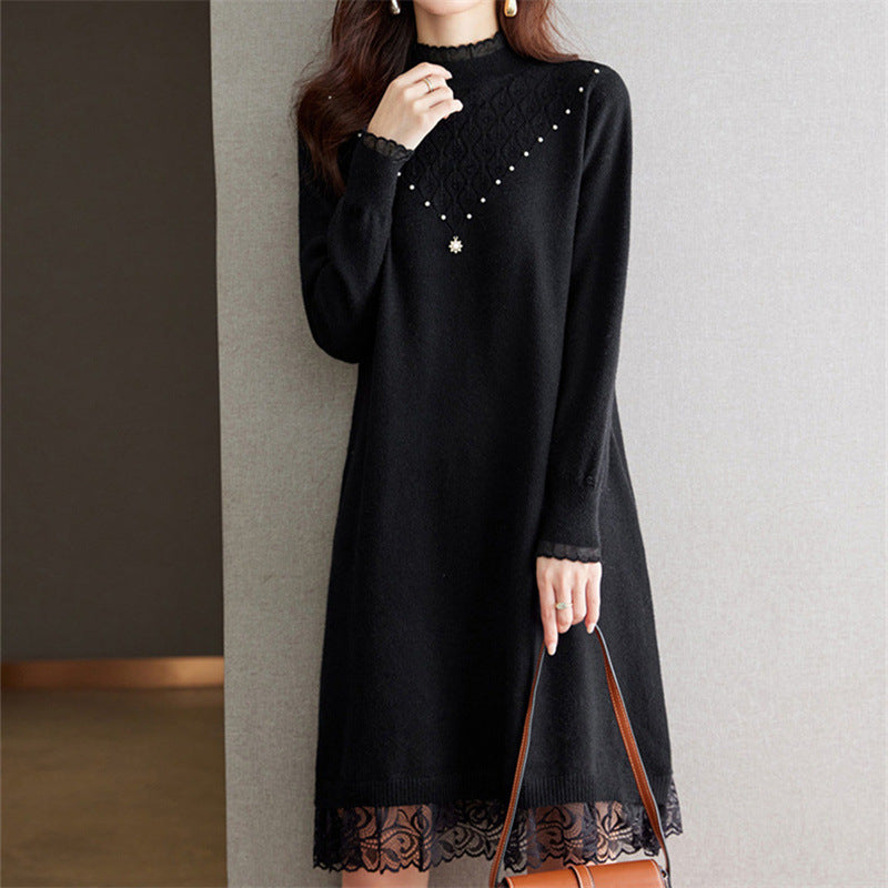 Knit dress for ladies with high collar and lace finish Lune London