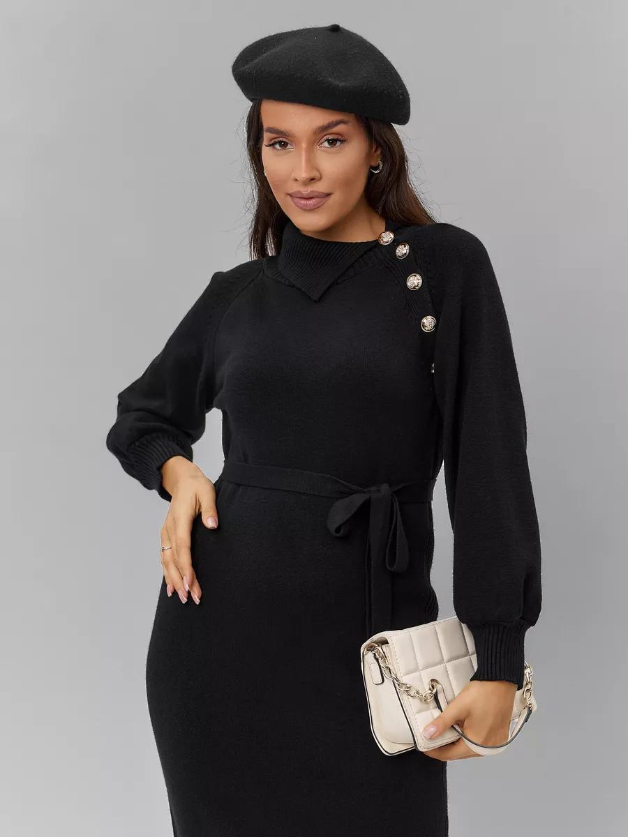 Knit dress for women with fitted belt and decorative button details Lune London