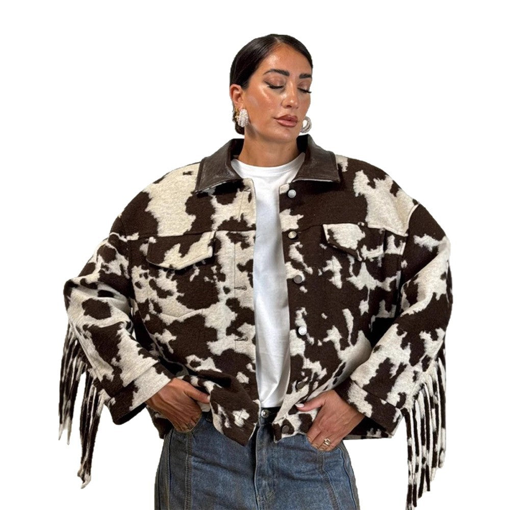 Fringed oversized jacket for women with cow print Lune London