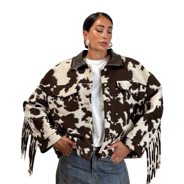 Fringed oversized jacket for women with cow print Lune London