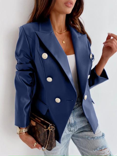 Elegant faux leather blazer for women with double row of buttons Lune London