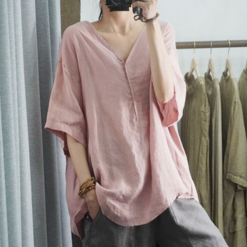 T-shirt en lin surdimensionné pour femmes avec décolleté en V et coupe décontractée Chic & Stil
