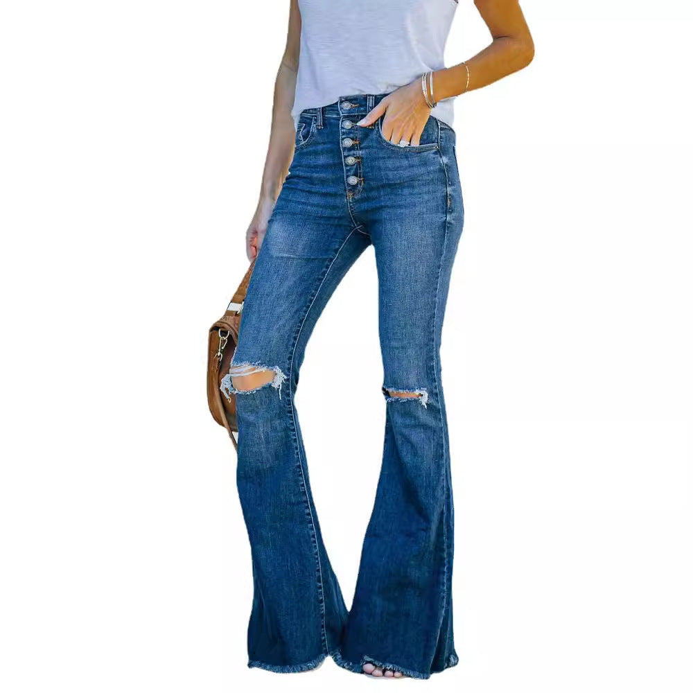 High-waisted flared jeans for women with distressed details Lune London