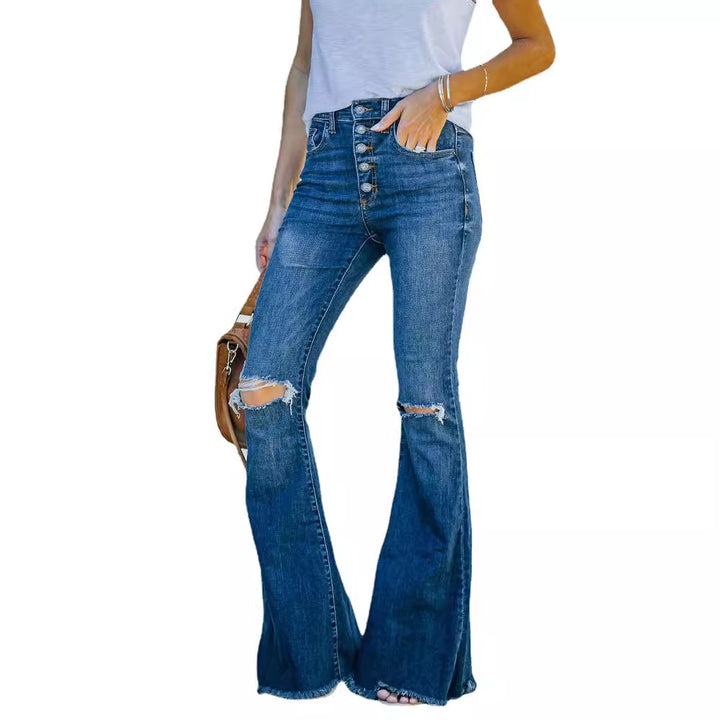 High-waisted flared jeans for women with distressed details Lune London