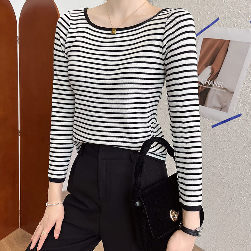 Women's long-sleeve shirt with maritime striped pattern and wide round neckline Chic & Stil