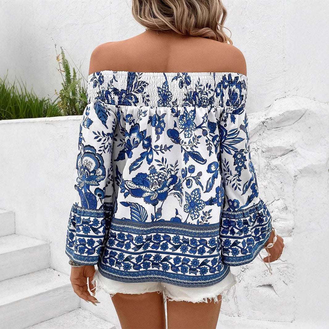 Women blouse with a décolletée neckline, floral patterns, and ruffled sleeves Chic and Style