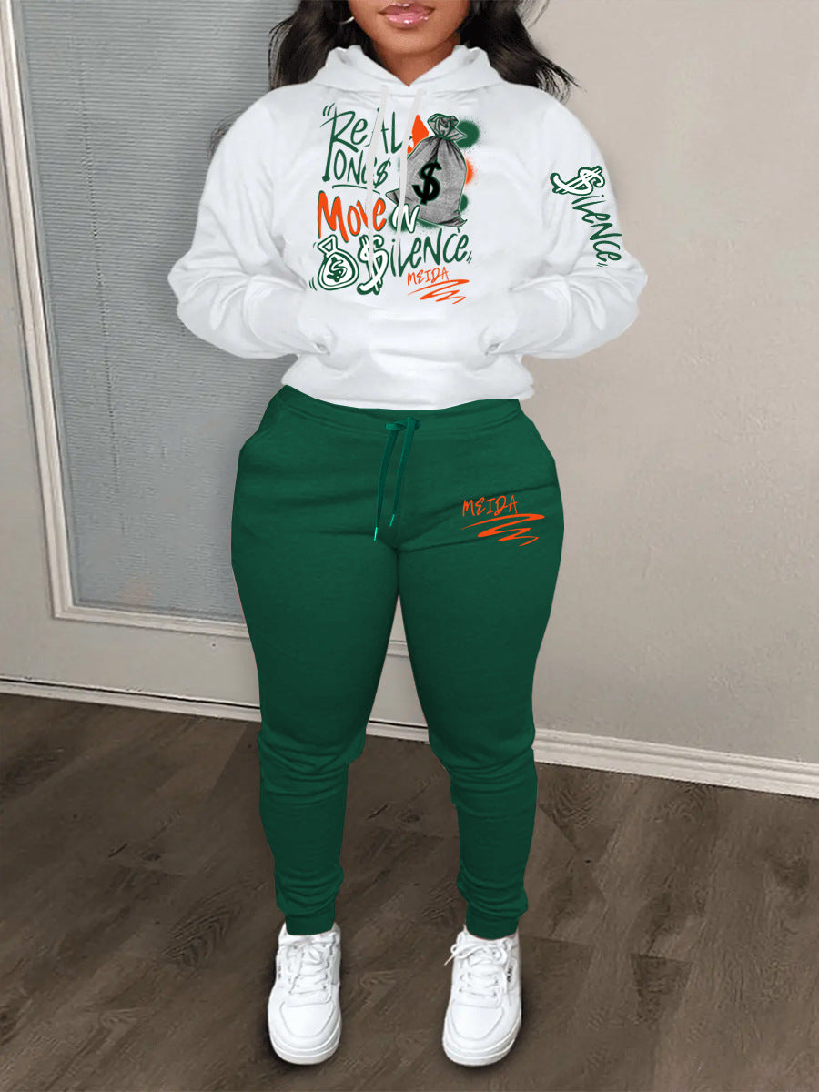 Women Sporty Hoodie and Jogging Pants Set with Creative Graphic Print Lune London