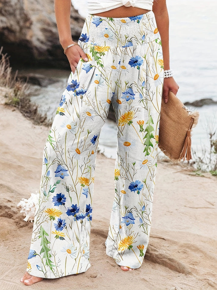 Loose summer pants for women with floral print and elastic waistband Lune London