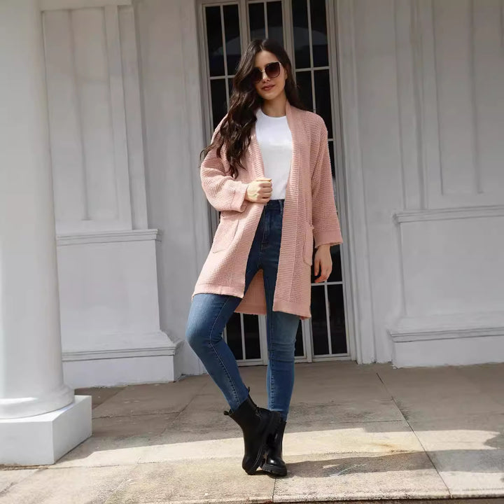 Casual knitted coat for women with open front panels and deep pockets Lune Londonl
