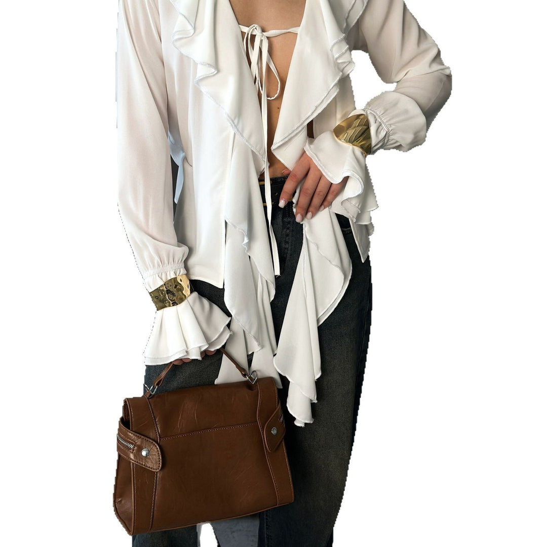 Blouse women with voluminous ruffles and shiny cuffs Lune London