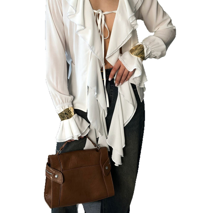 Blouse women with voluminous ruffles and shiny cuffs Lune London