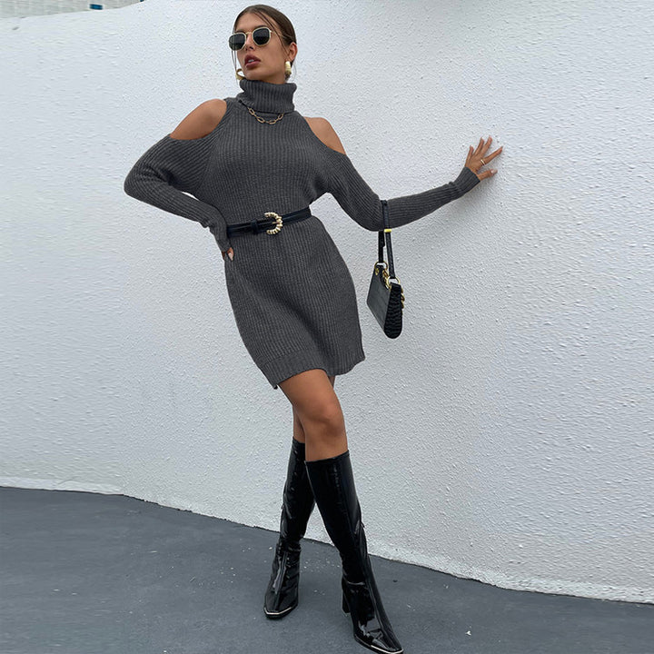 Knit dress for women with an elegant turtleneck and off-the-shoulder style Lune London