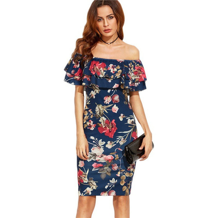 Robe à fleurs pour femme à épaules dénudées avec des détails de volants volumineux et une coupe moulante Chic & Stil