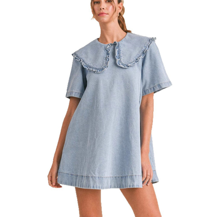 denim dress for women with voluminous collar and ruffle details Chic & Stil