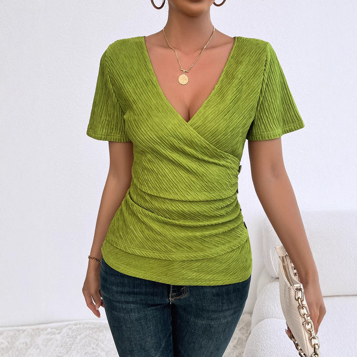 Chic & Stil Women's Wrap Top with Ruching and Side Snap Buttons
