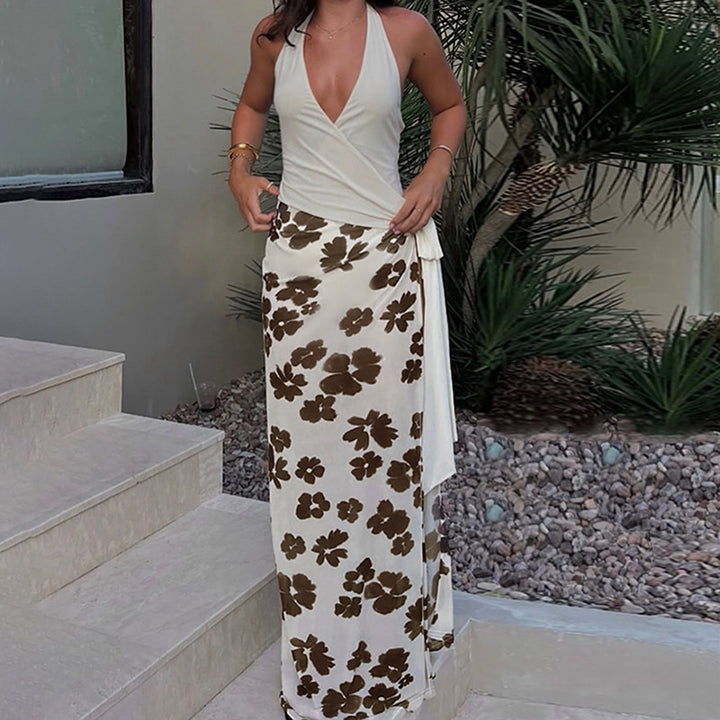 Women's maxi dress with wrap top and floral pattern