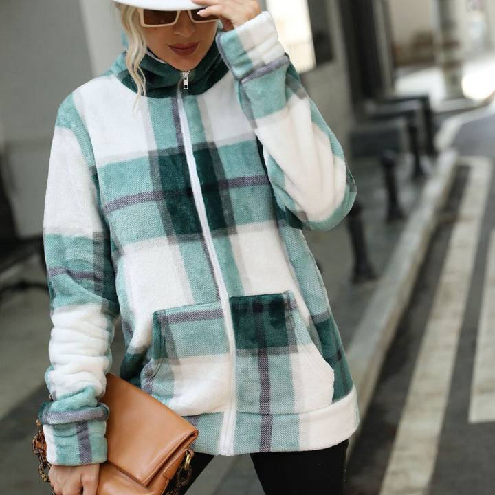 Fleece jacket for women with a modern plaid pattern and a high collar Lune London