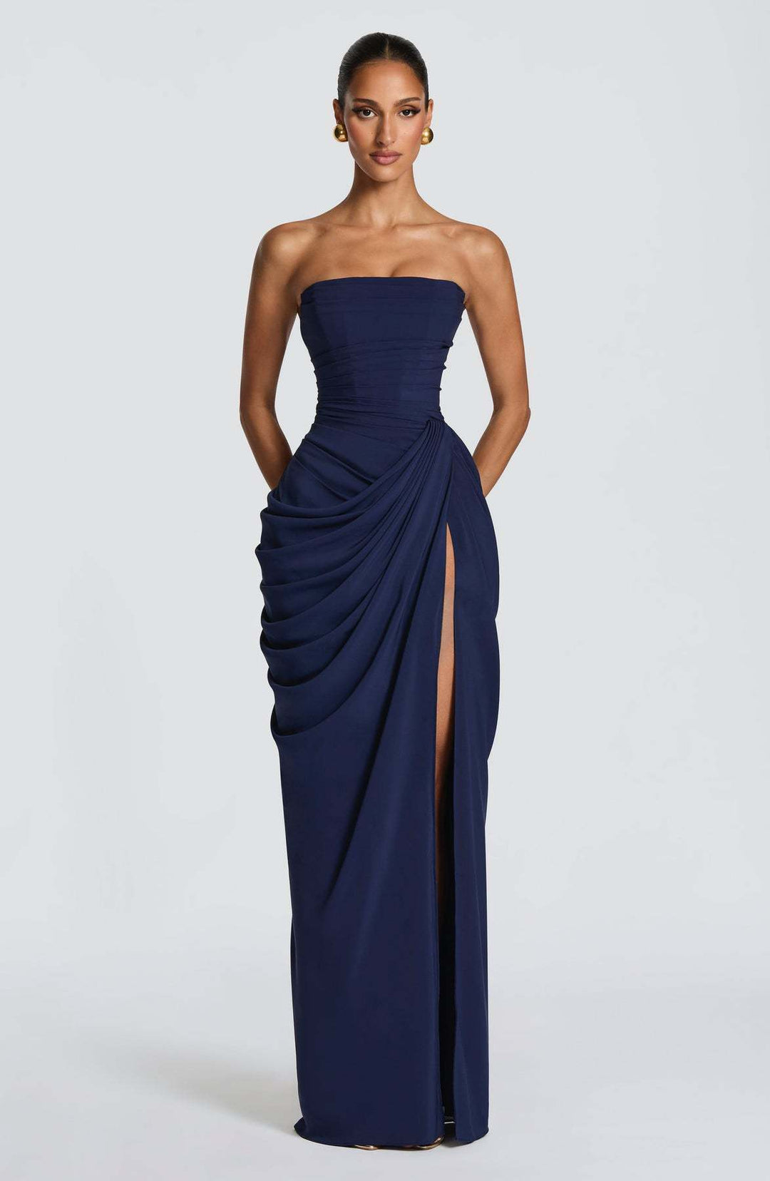 Ladies Elegant Long Sleeve Evening Dress with Asymmetric Draping and Narrow Slit Lune London
