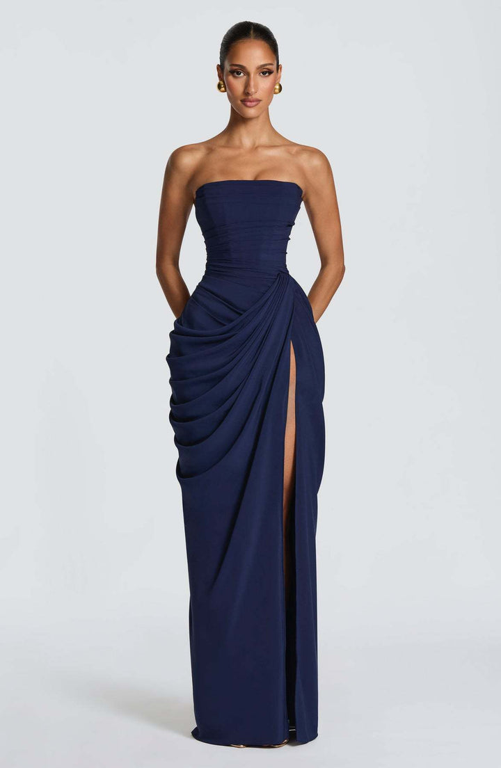 Ladies Elegant Long Sleeve Evening Dress with Asymmetric Draping and Narrow Slit