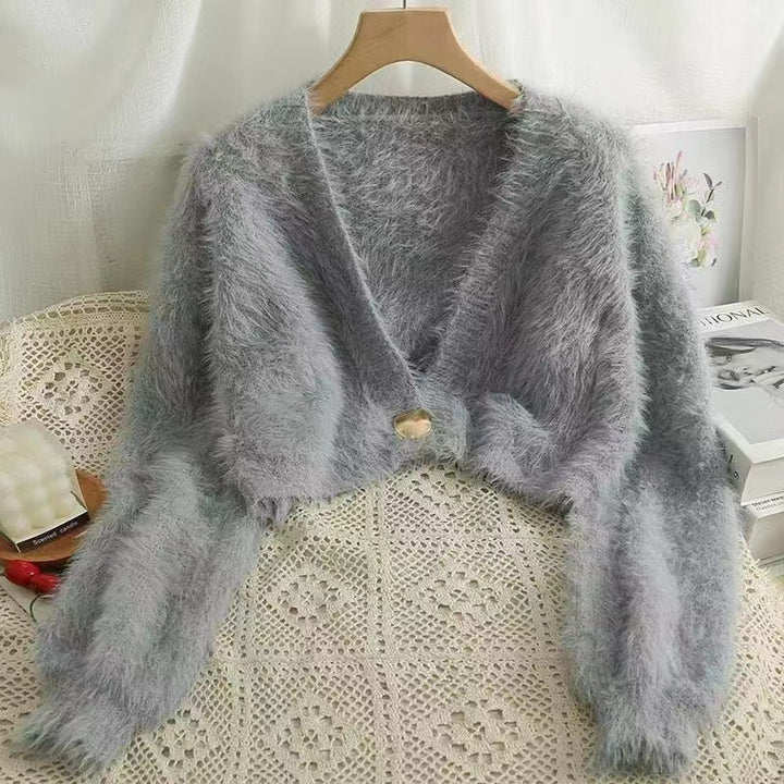 Short plush sweater for women with V-neck and button detail Lune London
