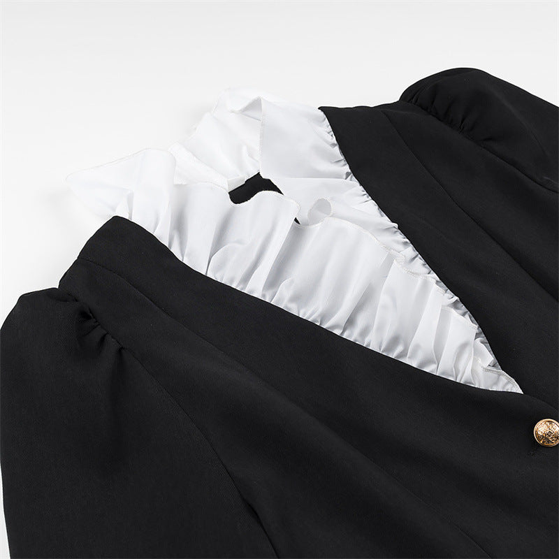 Ladies Elegant Blazer Jacket with Ruffle Details and Chic Button Closure Style