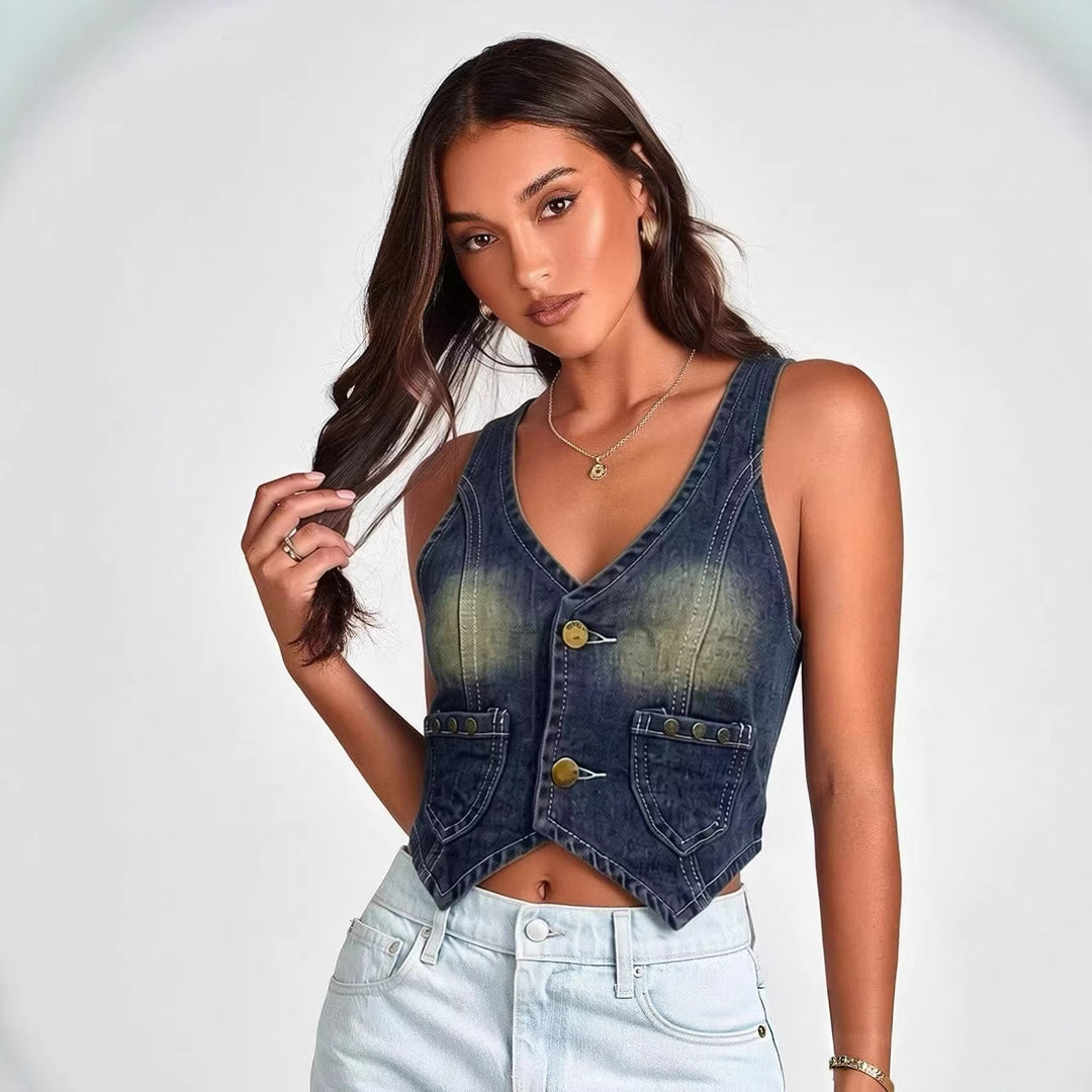 Women's Denim Bustier Jacket with Button Details and Patch Pockets Lune London